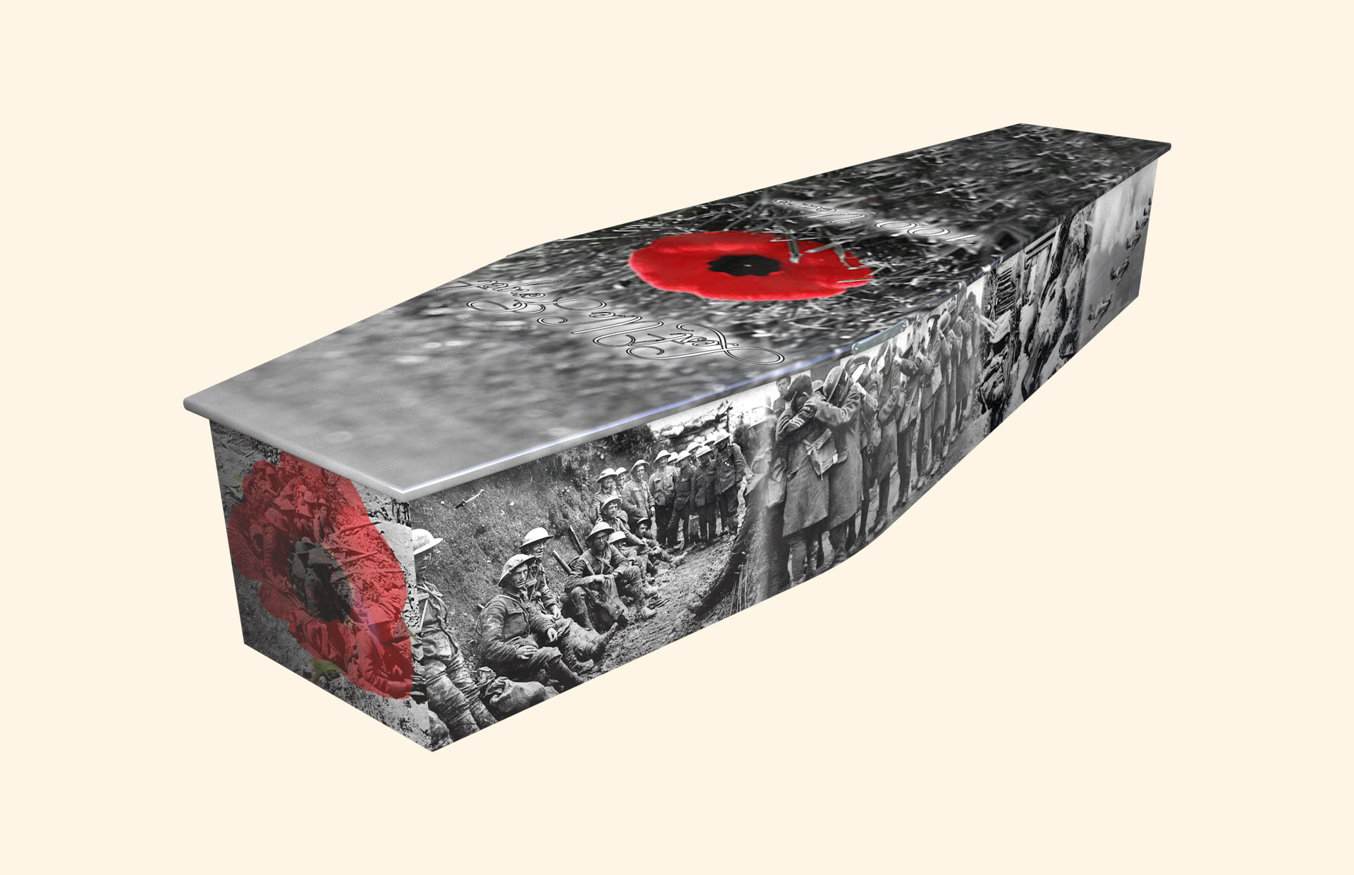 Lest We Forget design on a traditional coffin